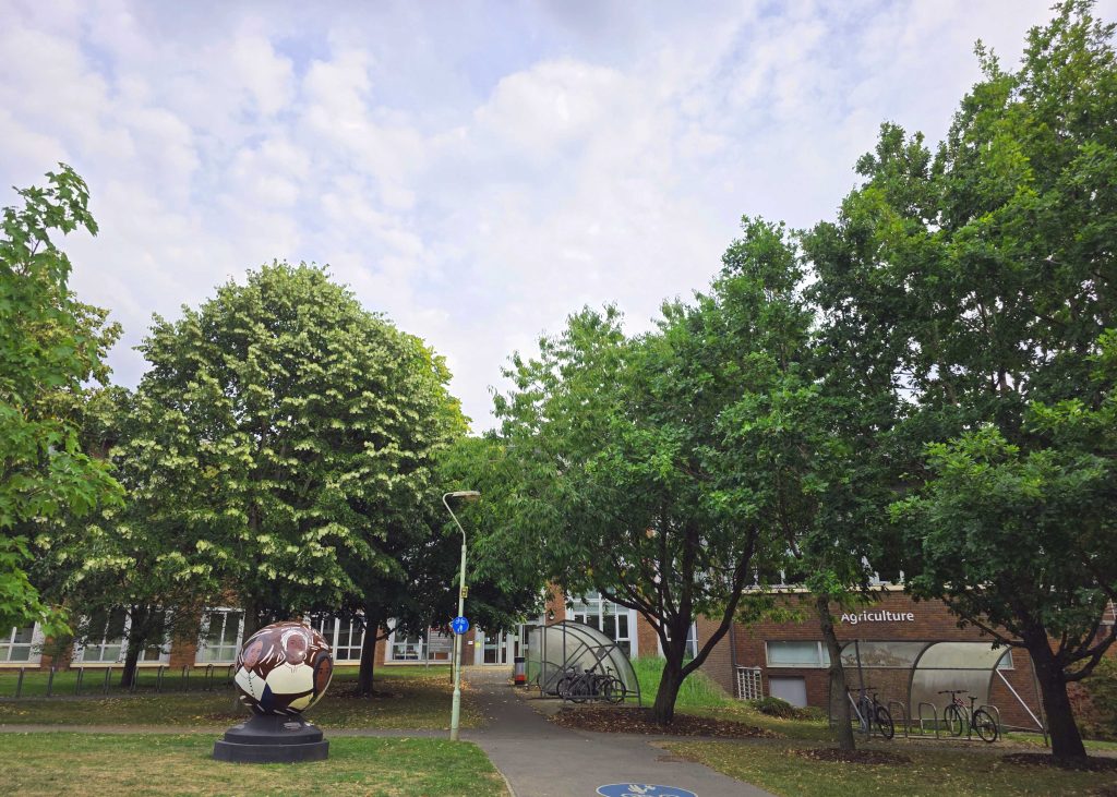 Colour photo of a glade of green trees in front of a brick and glass building with the word Agriculture on the front.