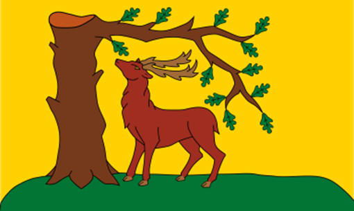 The flag of the county of Berkshire. A brown stag facing left and standing under a tree on a grassy bank on a yellow background. Congress 2026.