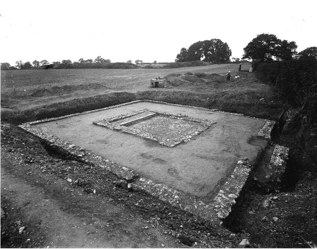 Black and white photos of the foundations of a square stone-walled building in Silchester Roman Town being excavated.