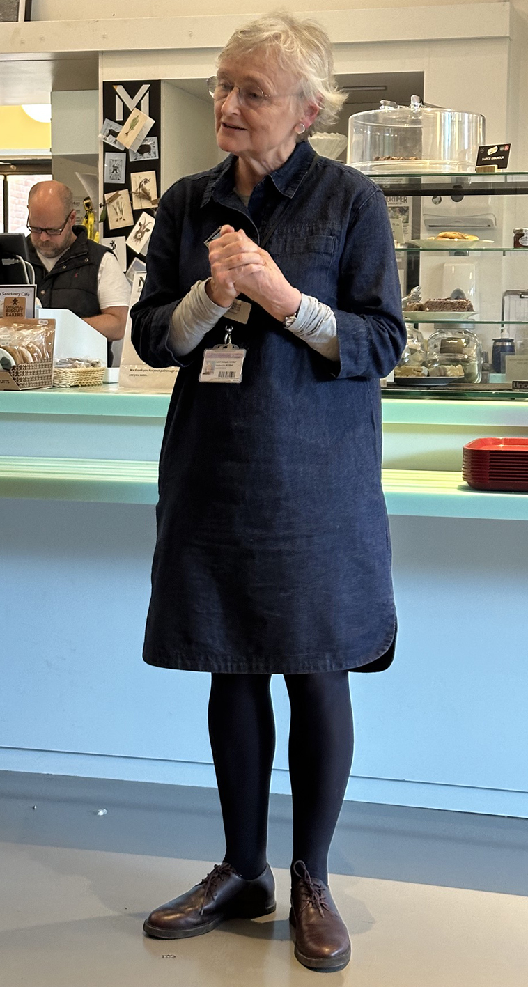 A white woman in a blue dress giving a speech.