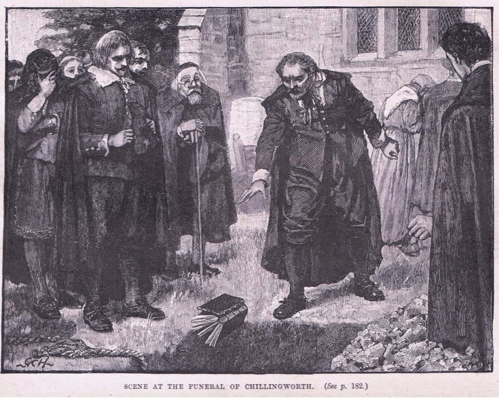Published engraving, mourners in a churchyard standing around an open grave watch a man, Francis Cheynell, throwing a book into the grave.